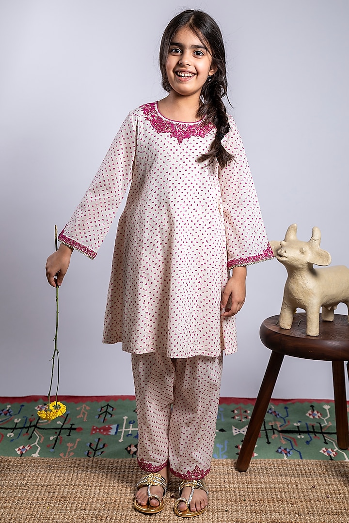 Ivory Embroidered Kurta Set For Girls by Boteh