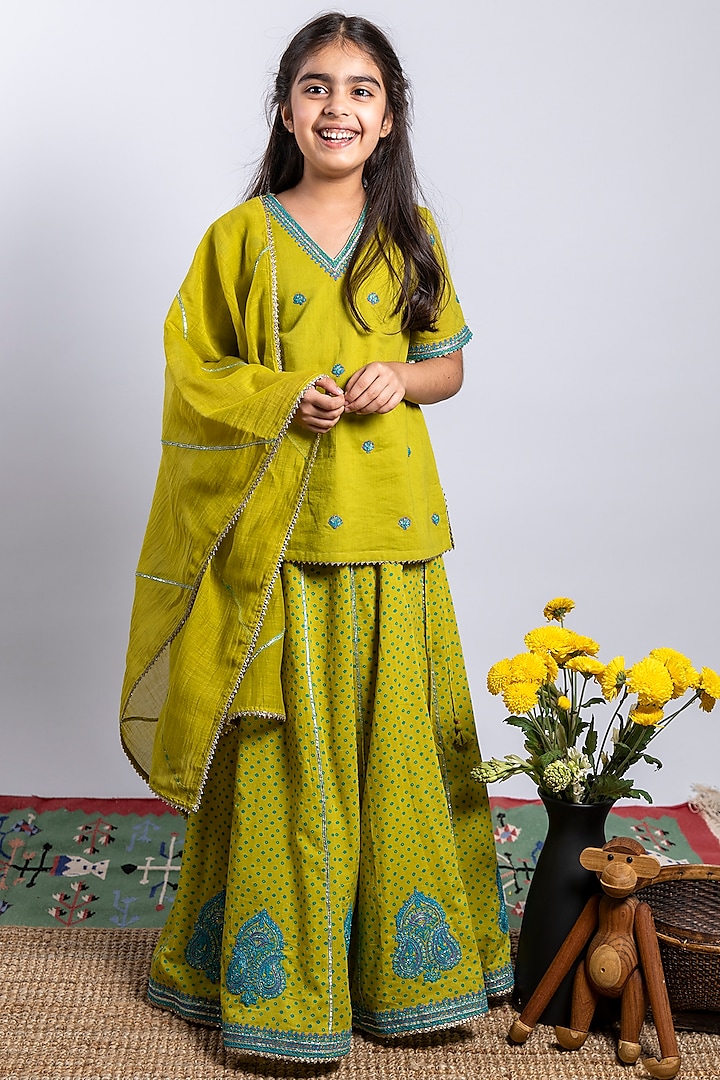 Green Embroidered Lehenga Set For Girls by Boteh at Pernia's Pop Up Shop