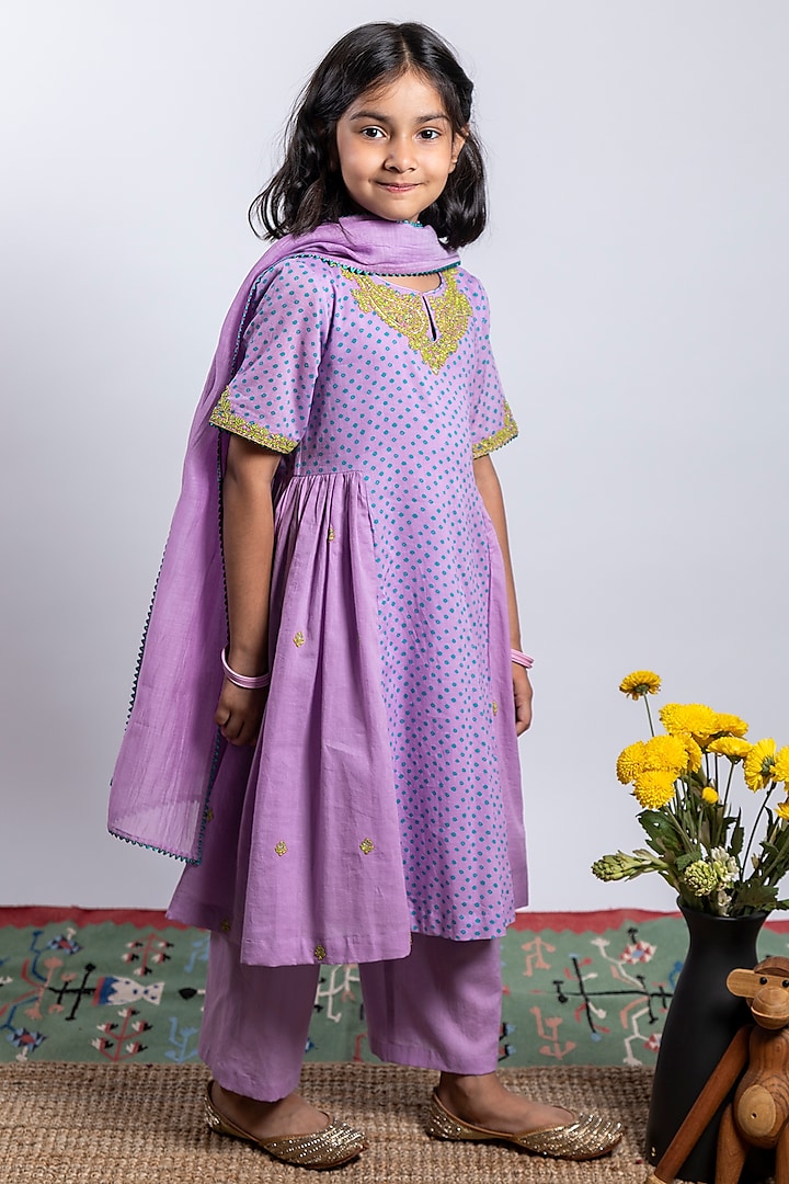 Purple Embroidered Kurta Set For Girls by Boteh