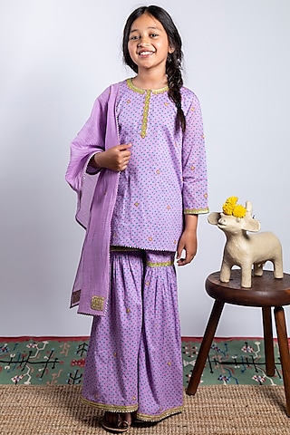 Purple Embroidered Sharara Set For Girls by Boteh