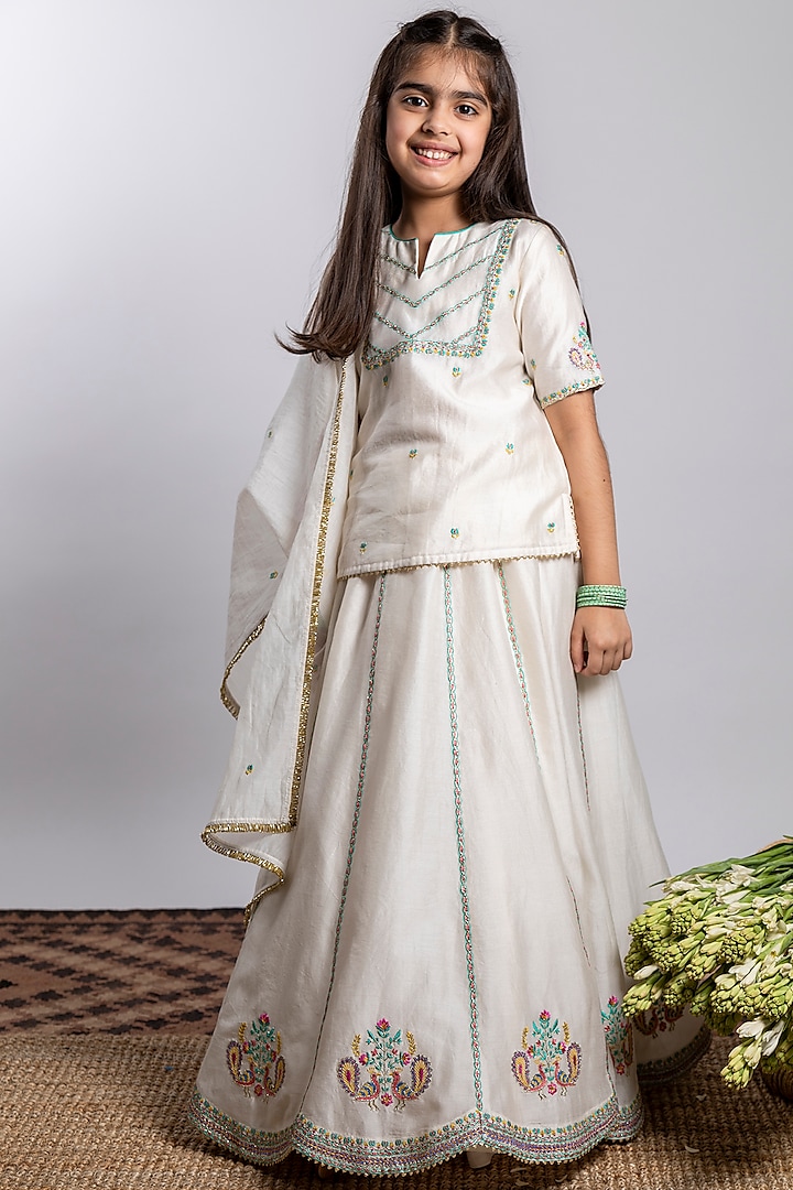 Ivory Embroidered Lehenga Set For Girls by Boteh