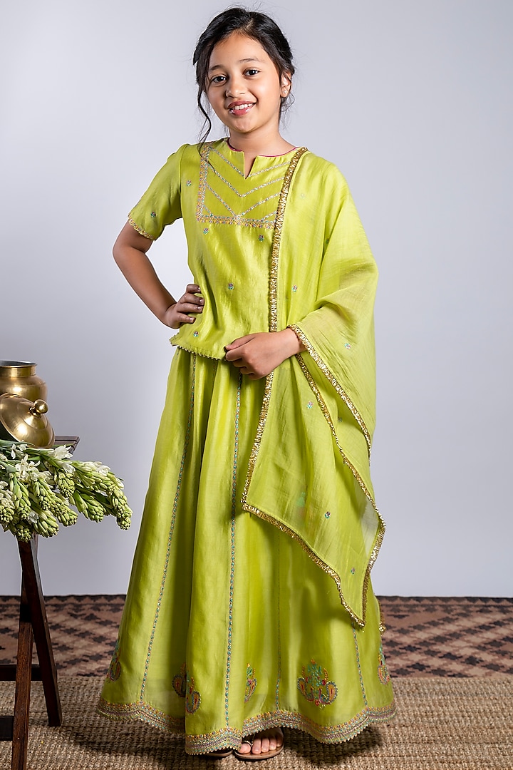 Green Embroidered Lehenga Set For Girls by Boteh