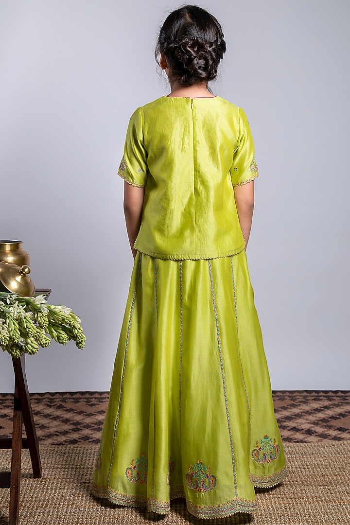 Green Embroidered Lehenga Set For Girls by Boteh at Pernia's Pop Up Shop