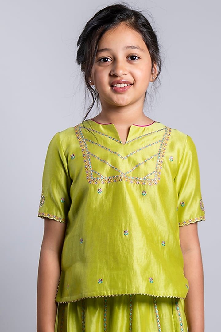Green Embroidered Lehenga Set For Girls by Boteh at Pernia's Pop Up Shop