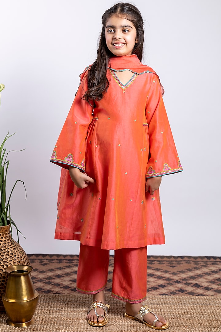 Orange Chanderi Silk Kurta Set For Girls by Boteh