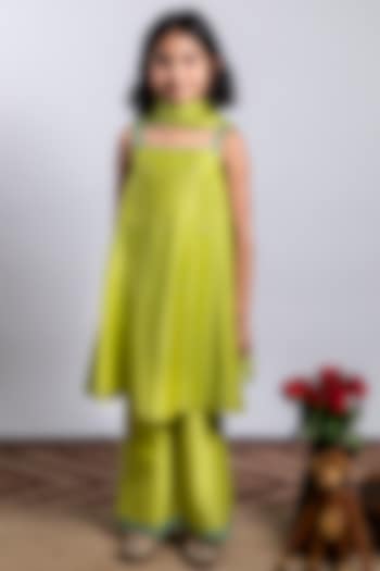 Green Embroidered A-Line Kurta Set For Girls by Boteh at Pernia's Pop Up Shop