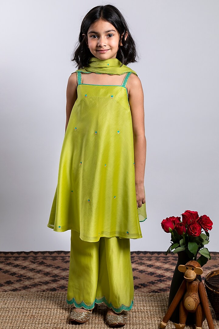 Green Embroidered A-Line Kurta Set For Girls by Boteh