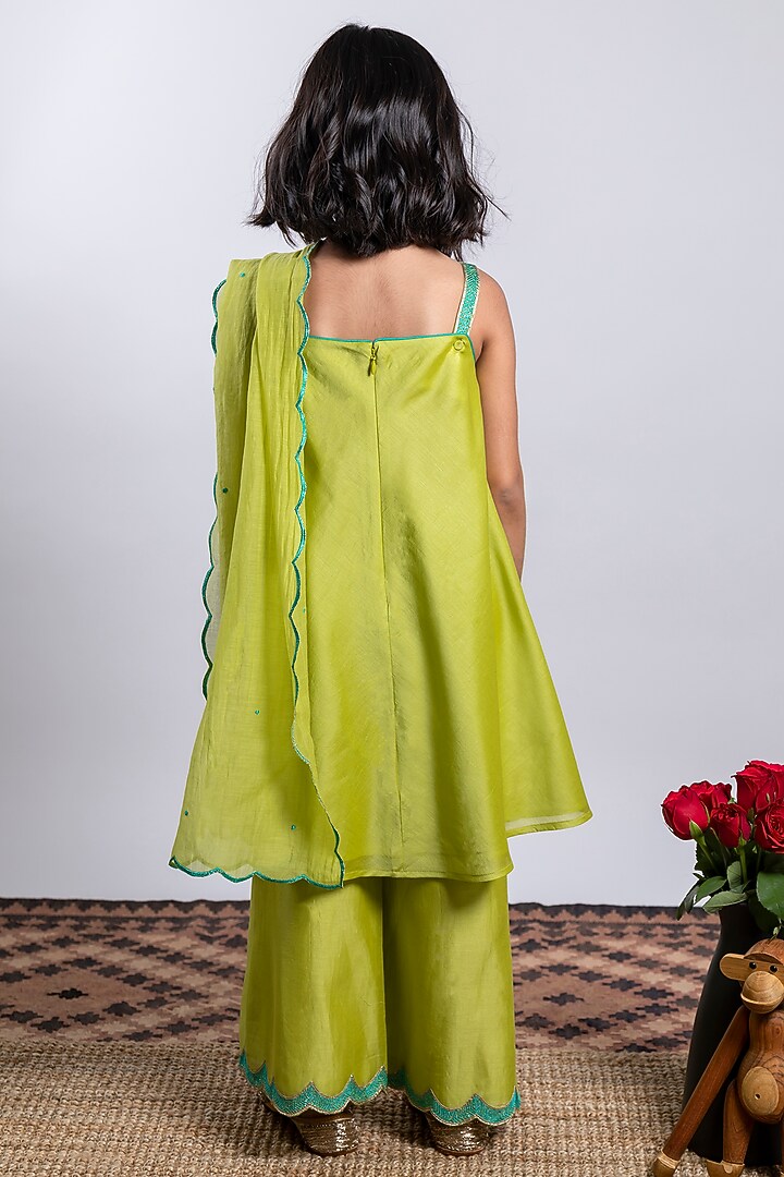 Green Embroidered A-Line Kurta Set For Girls by Boteh at Pernia's Pop Up Shop