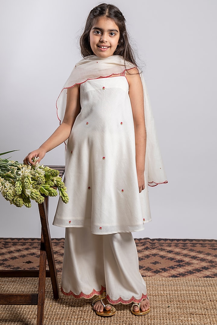 Ivory Embroidered A-Line Kurta Set For Girls by Boteh