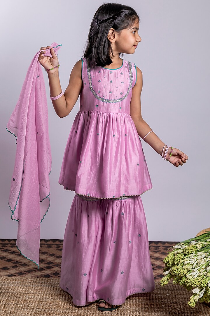 Lilac Embroidered Sharara Set For Girls by Boteh at Pernia's Pop Up Shop