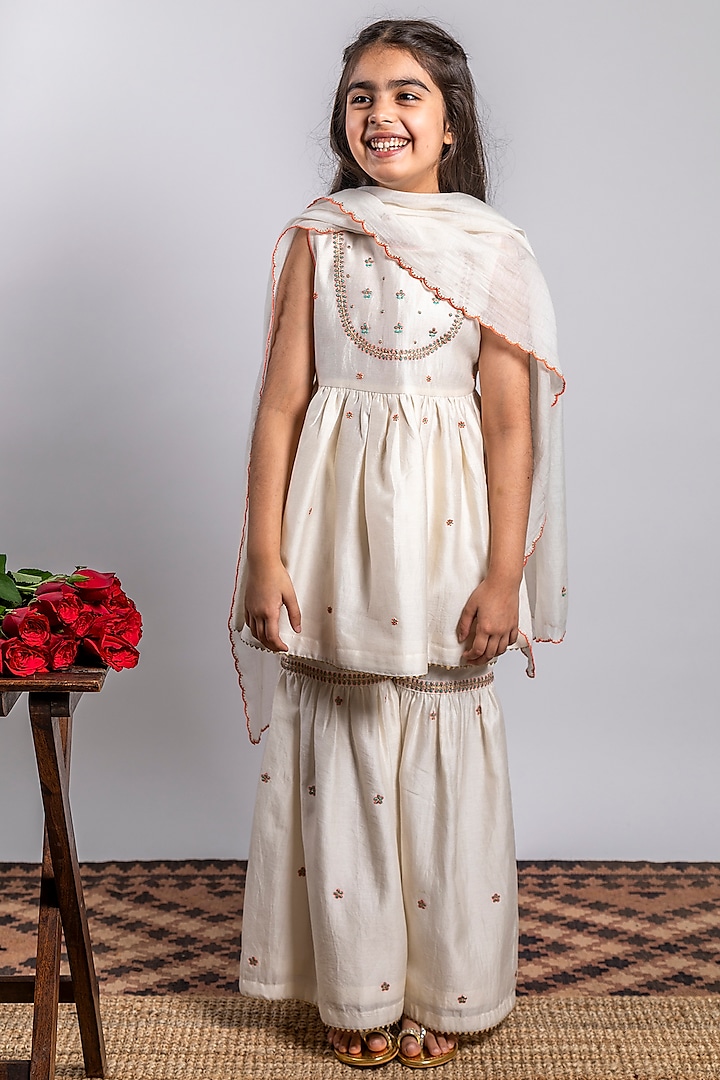 Ivory Embroidered Sharara Set For Girls by Boteh