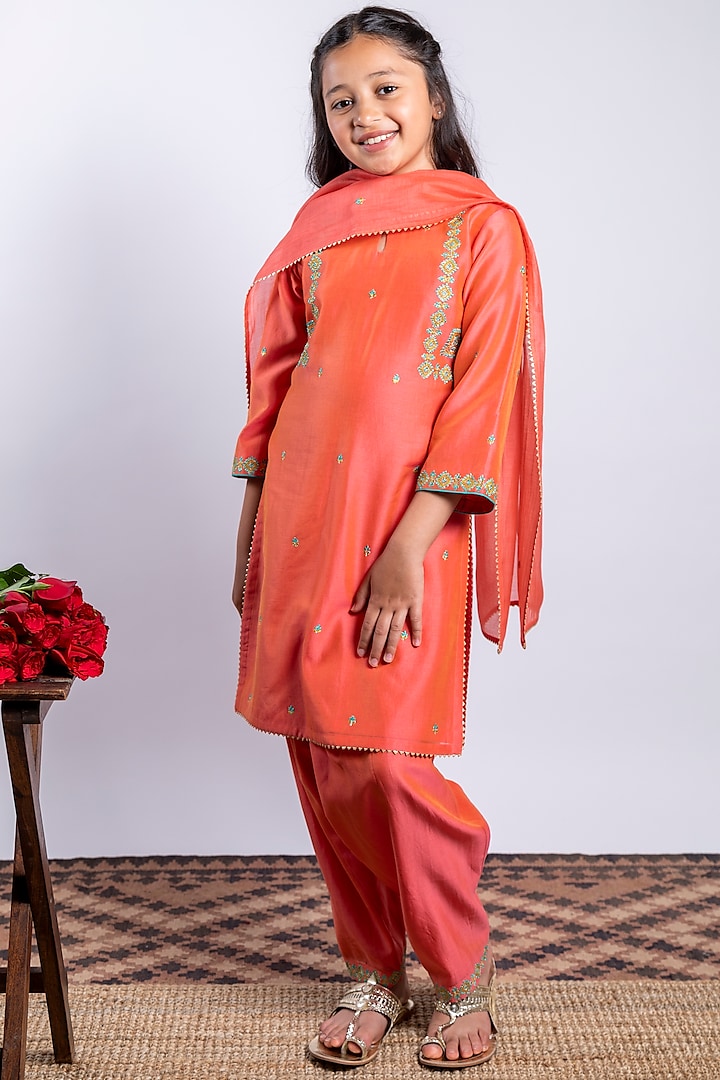 Orange Chanderi Silk Embroidered Kurta Set For Girls by Boteh