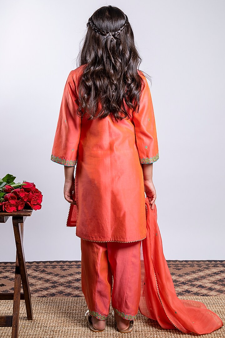 Orange Chanderi Silk Embroidered Kurta Set For Girls by Boteh at Pernia's Pop Up Shop