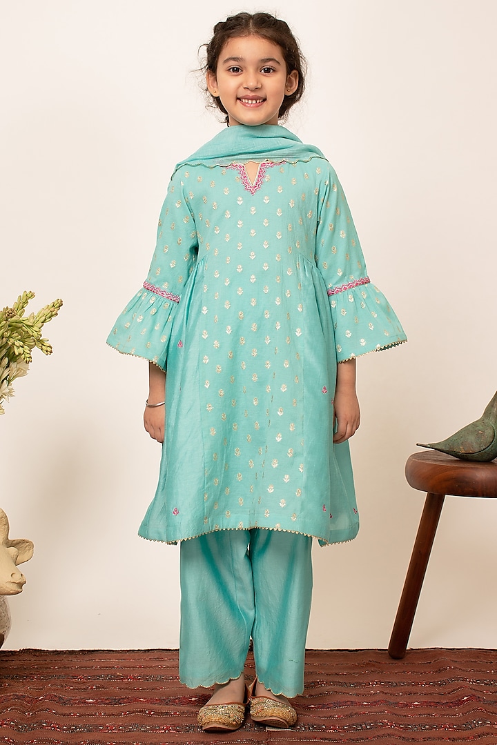 Blue Chanderi Silk Embroidered Kalidaar Kurta Set For Girls by Boteh