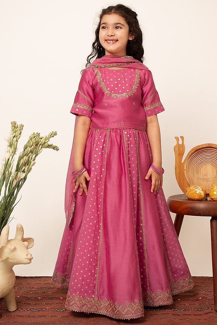 Pink Butti Embroidered Lehenga Set For Girls by Boteh