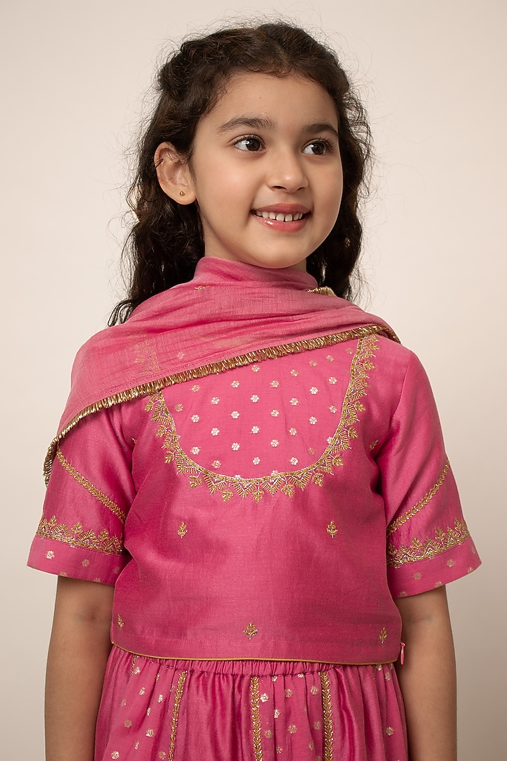 Pink Butti Embroidered Lehenga Set For Girls by Boteh at Pernia's Pop Up Shop