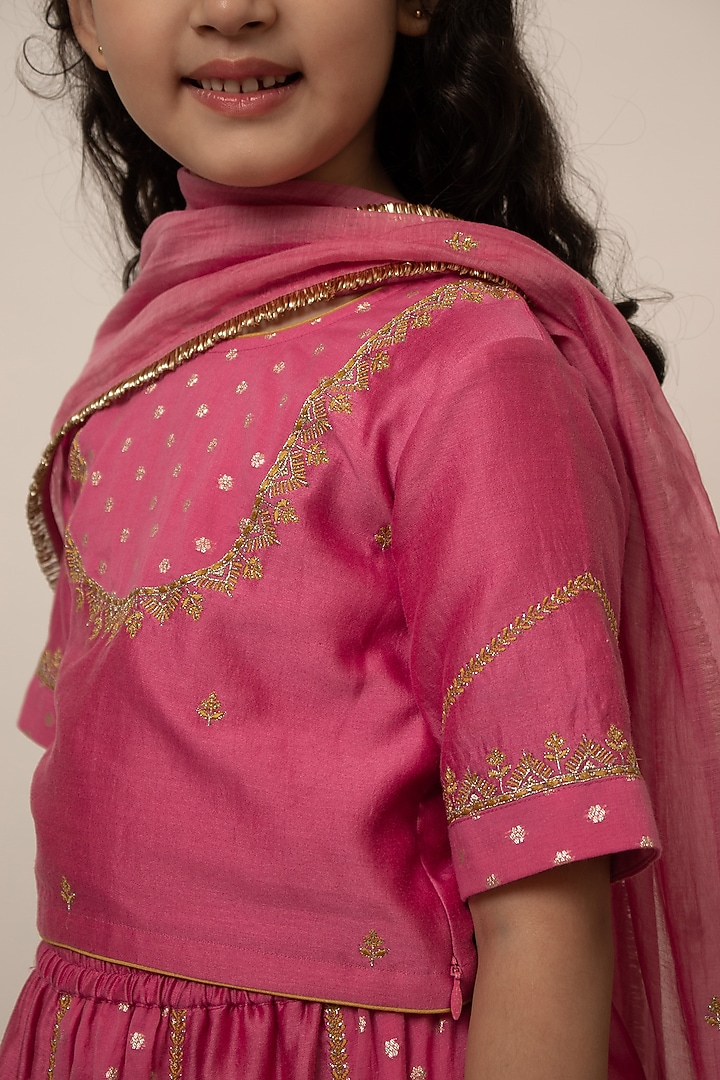 Pink Butti Embroidered Lehenga Set For Girls by Boteh at Pernia's Pop Up Shop