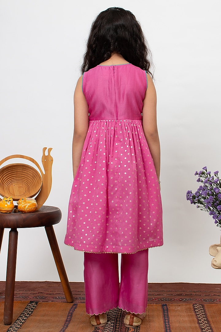 Pink Chanderi Silk Embroidered Kurta Set For Girls by Boteh at Pernia's Pop Up Shop