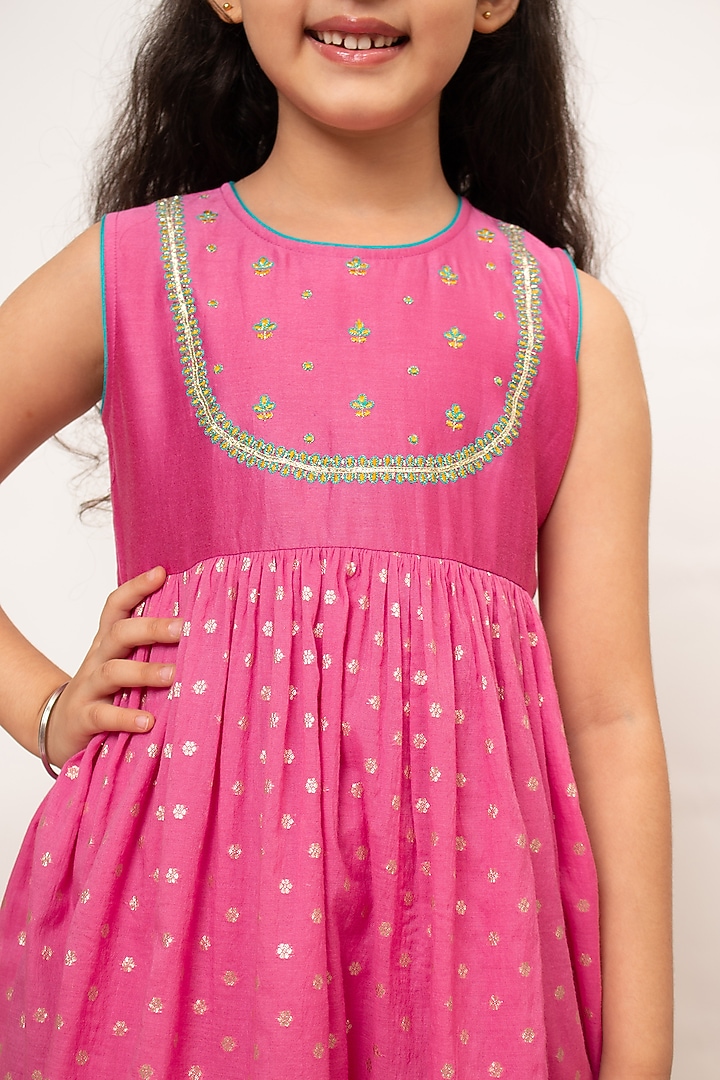 Pink Chanderi Silk Embroidered Kurta Set For Girls by Boteh at Pernia's Pop Up Shop