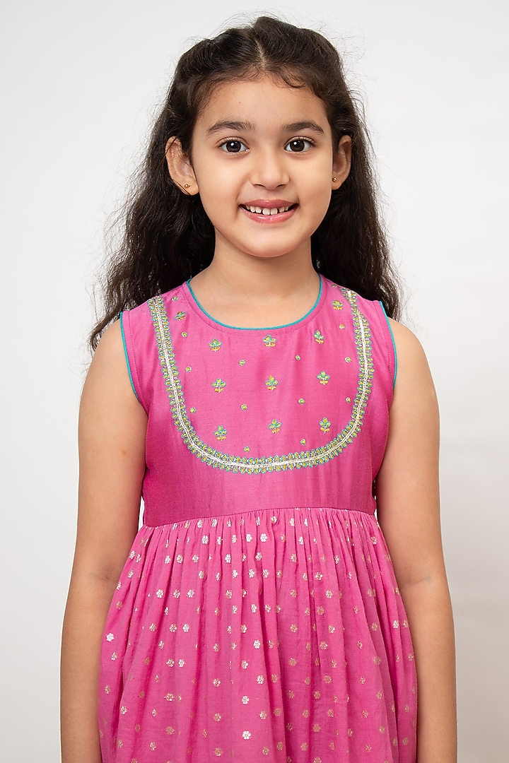Pink Chanderi Silk Embroidered Kurta Set For Girls by Boteh at Pernia's Pop Up Shop