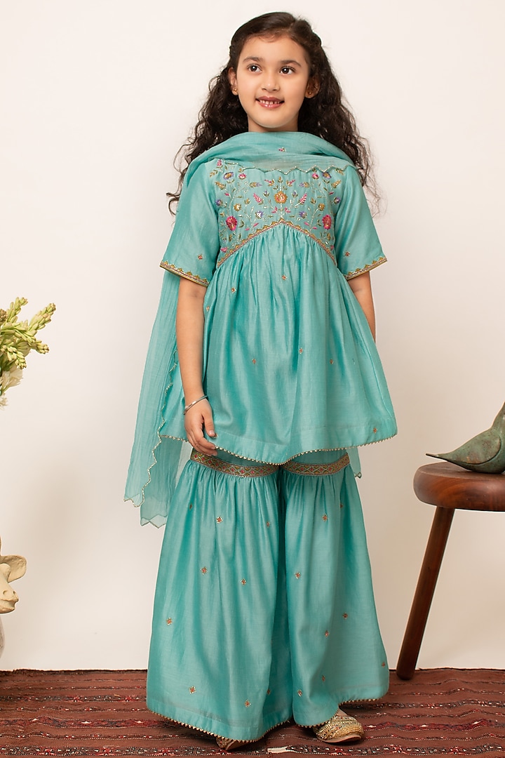Blue Chanderi Silk Embroidered Sharara Set For Girls by Boteh