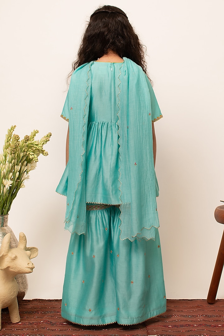 Blue Chanderi Silk Embroidered Sharara Set For Girls by Boteh at Pernia's Pop Up Shop