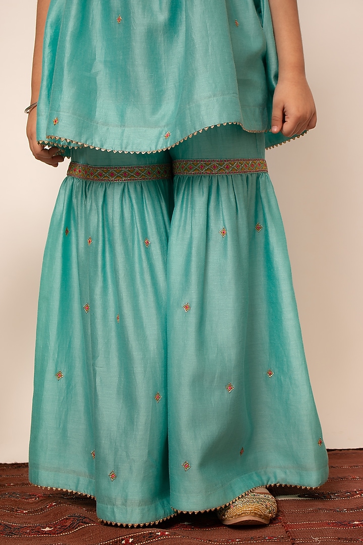 Blue Chanderi Silk Embroidered Sharara Set For Girls by Boteh at Pernia's Pop Up Shop