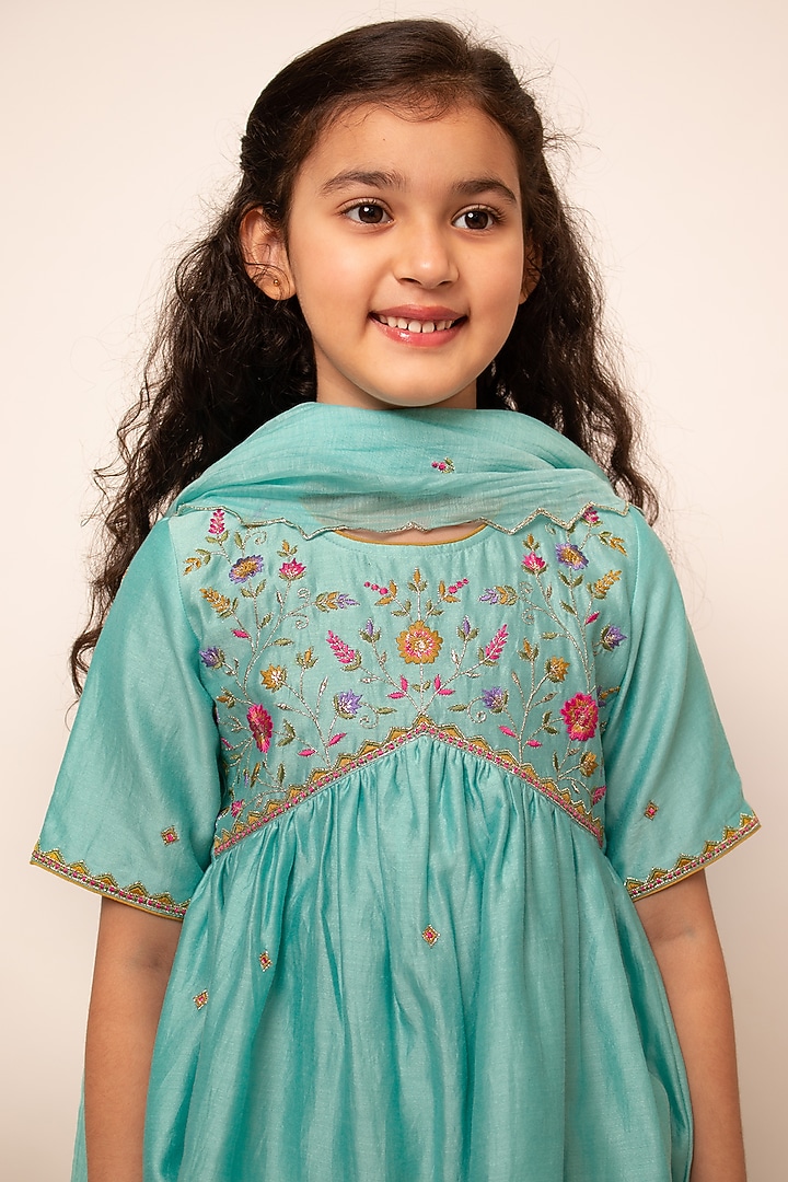 Blue Chanderi Silk Embroidered Sharara Set For Girls by Boteh at Pernia's Pop Up Shop