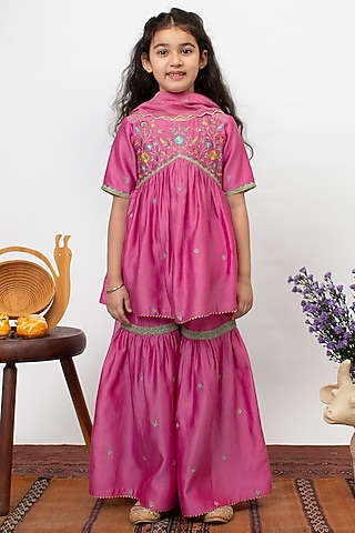 Pink Chanderi Silk Embroidered Sharara Set For Girls by Boteh