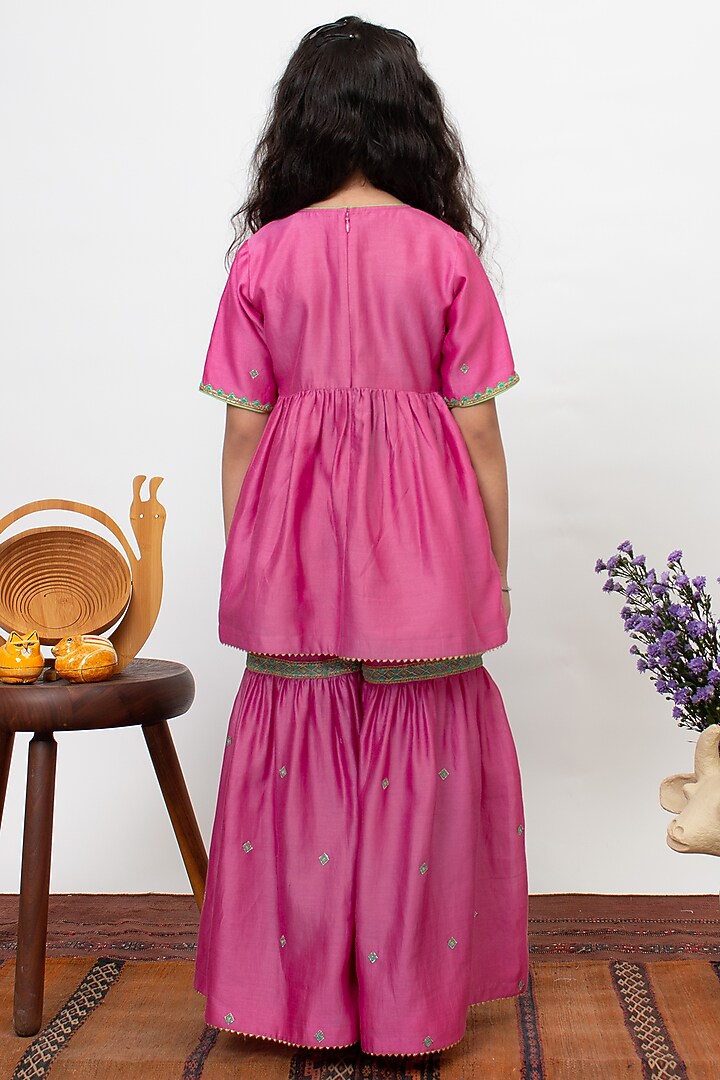 Pink Chanderi Silk Embroidered Sharara Set For Girls by Boteh at Pernia's Pop Up Shop