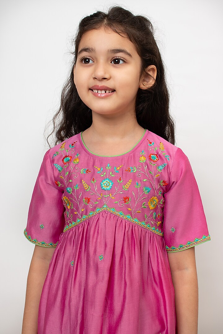 Pink Chanderi Silk Embroidered Sharara Set For Girls by Boteh at Pernia's Pop Up Shop