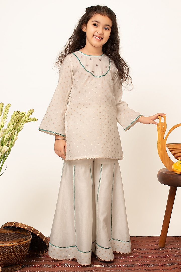 Ivory Chanderi Silk Embroidered Sharara Set For Girls by Boteh