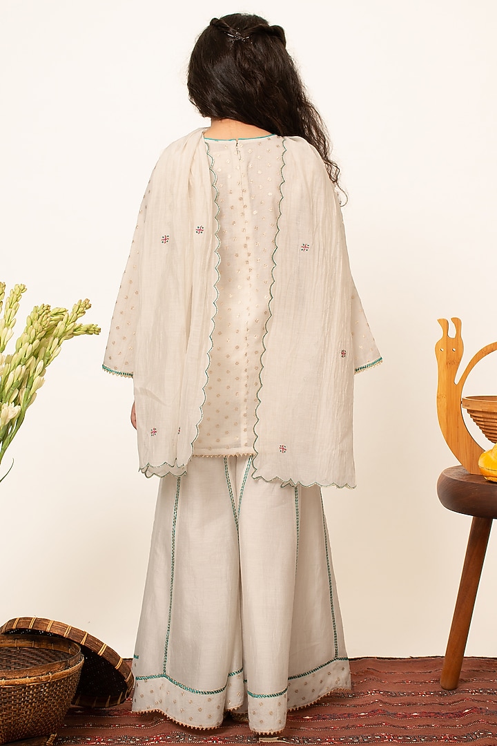 Ivory Chanderi Silk Embroidered Sharara Set For Girls by Boteh at Pernia's Pop Up Shop