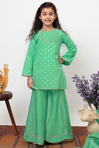Green Chanderi Silk Embroidered Sharara Set For Girls by Boteh