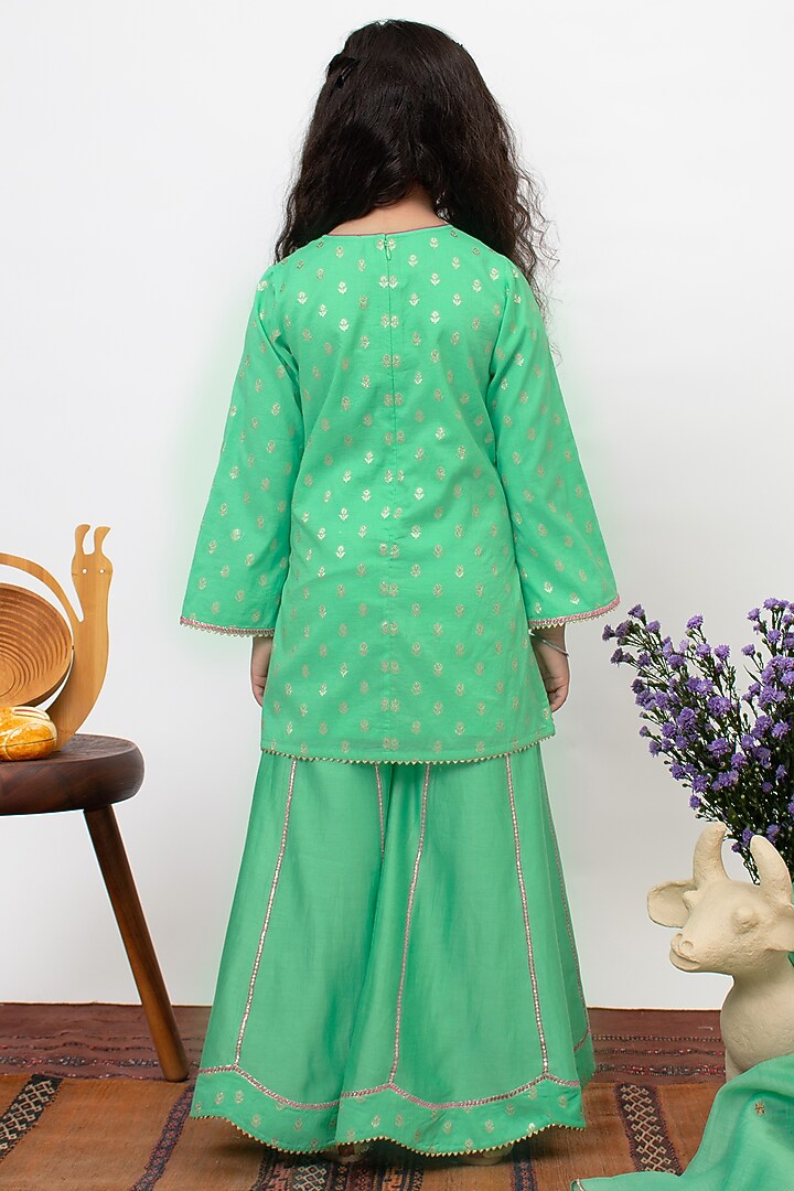 Green Chanderi Silk Embroidered Sharara Set For Girls by Boteh at Pernia's Pop Up Shop