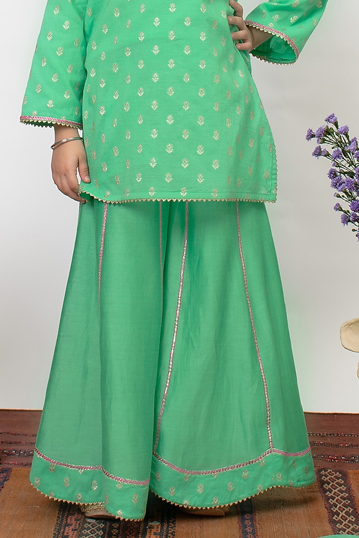 Green Chanderi Silk Embroidered Sharara Set For Girls by Boteh at Pernia's Pop Up Shop