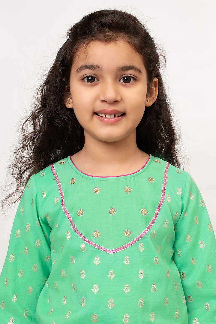 Green Chanderi Silk Embroidered Sharara Set For Girls by Boteh at Pernia's Pop Up Shop