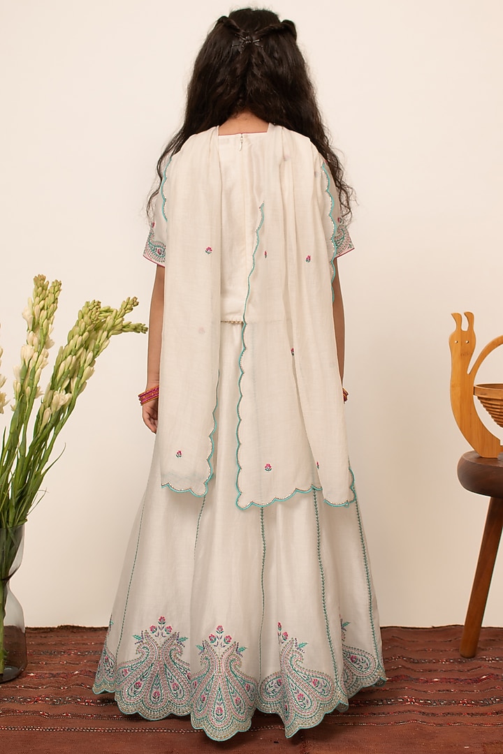 Ivory Chanderi Silk Embroidered Lehenga Set For Girls by Boteh at Pernia's Pop Up Shop