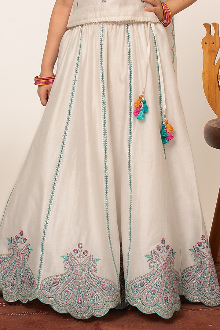 Ivory Chanderi Silk Embroidered Lehenga Set For Girls by Boteh at Pernia's Pop Up Shop