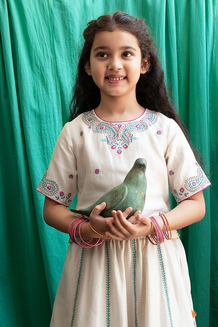 Ivory Chanderi Silk Embroidered Lehenga Set For Girls by Boteh at Pernia's Pop Up Shop