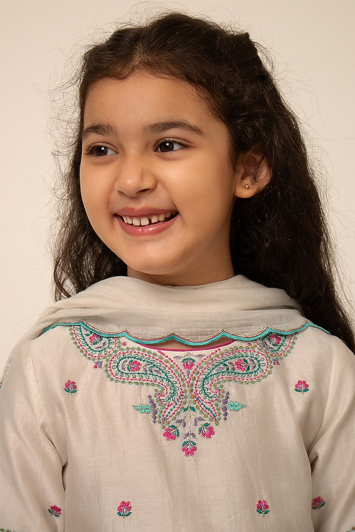 Ivory Chanderi Silk Embroidered Lehenga Set For Girls by Boteh at Pernia's Pop Up Shop