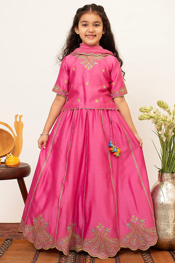 Pink Chanderi Silk Embroidered Lehenga Set For Girls by Boteh at Pernia's Pop Up Shop