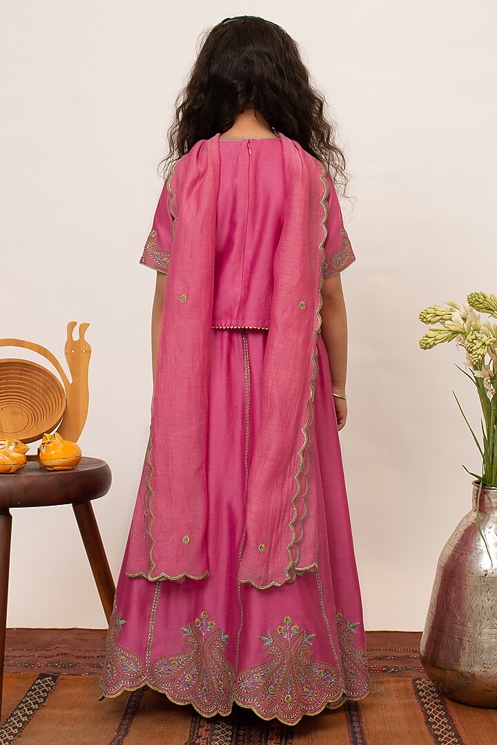 Pink Chanderi Silk Embroidered Lehenga Set For Girls by Boteh at Pernia's Pop Up Shop