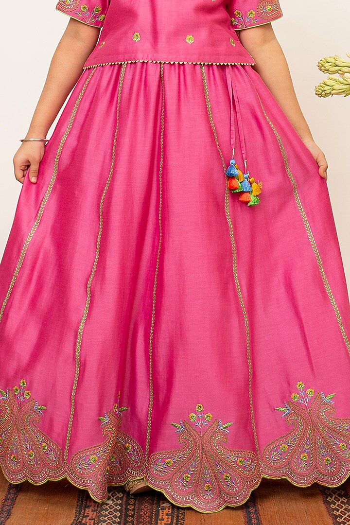 Pink Chanderi Silk Embroidered Lehenga Set For Girls by Boteh at Pernia's Pop Up Shop
