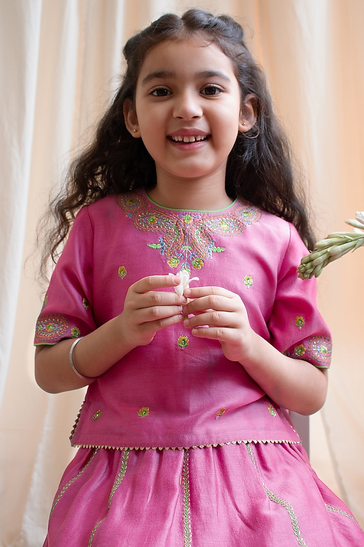 Pink Chanderi Silk Embroidered Lehenga Set For Girls by Boteh at Pernia's Pop Up Shop