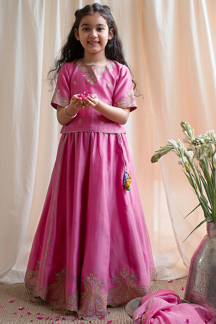 Pink Chanderi Silk Embroidered Lehenga Set For Girls by Boteh at Pernia's Pop Up Shop