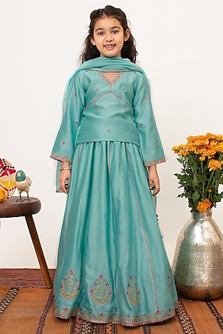Blue Chanderi Silk Embroidered Lehenga Set For Girls by Boteh