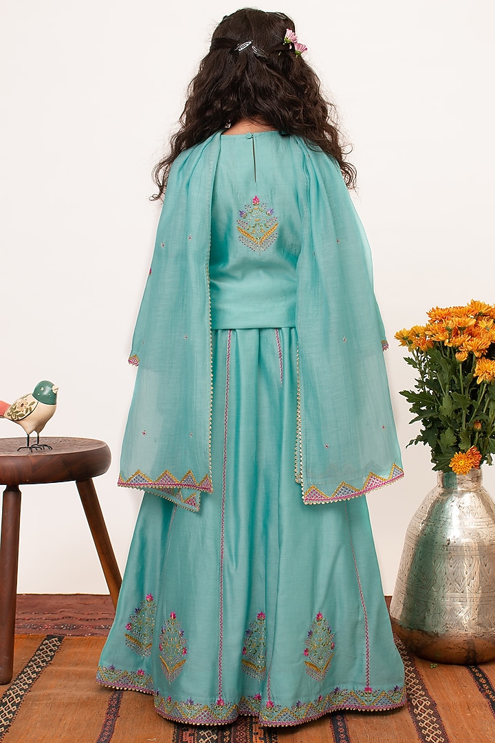 Blue Chanderi Silk Embroidered Lehenga Set For Girls by Boteh at Pernia's Pop Up Shop