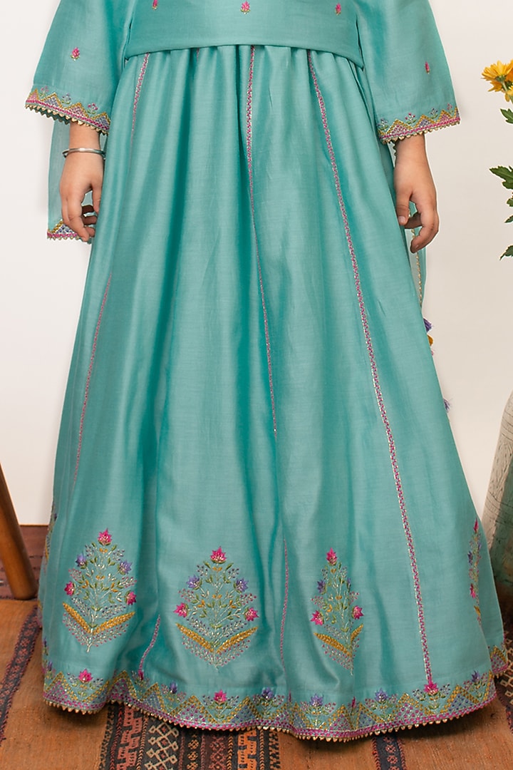 Blue Chanderi Silk Embroidered Lehenga Set For Girls by Boteh at Pernia's Pop Up Shop