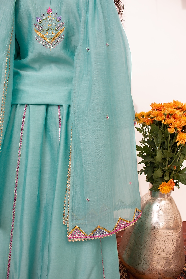 Blue Chanderi Silk Embroidered Lehenga Set For Girls by Boteh at Pernia's Pop Up Shop